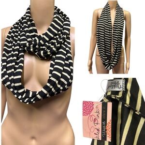 Tickled Pink Black Cream Tan Striped Infinity Scarf Polyester 31 x 15.5 inches